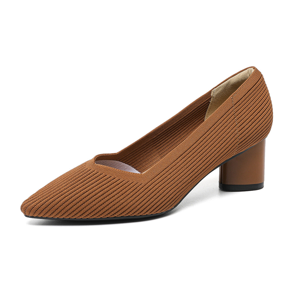 High heels for women thick heel pointed V-neck straight stripe solid color