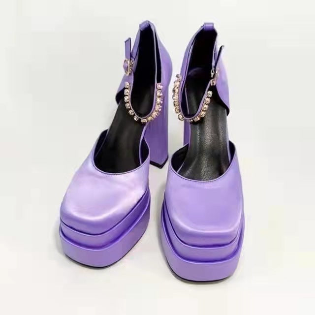 Super High Heel Platform Thick Heel Hollow Square Toe Satin Hate Sky High Baotou Plus Size Catwalk Sandals High Heels