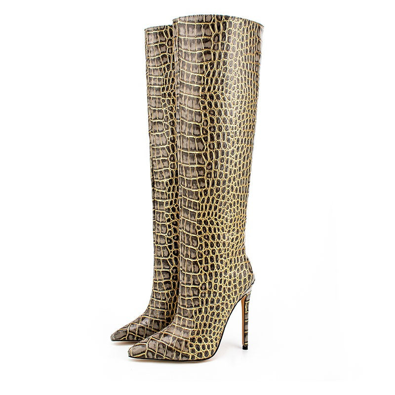 Crocodile Print Women High Boots Sexy Ladies Party Stiletto Women Large Size Shoes Pointed Toe High Heels Women High Knee Boots