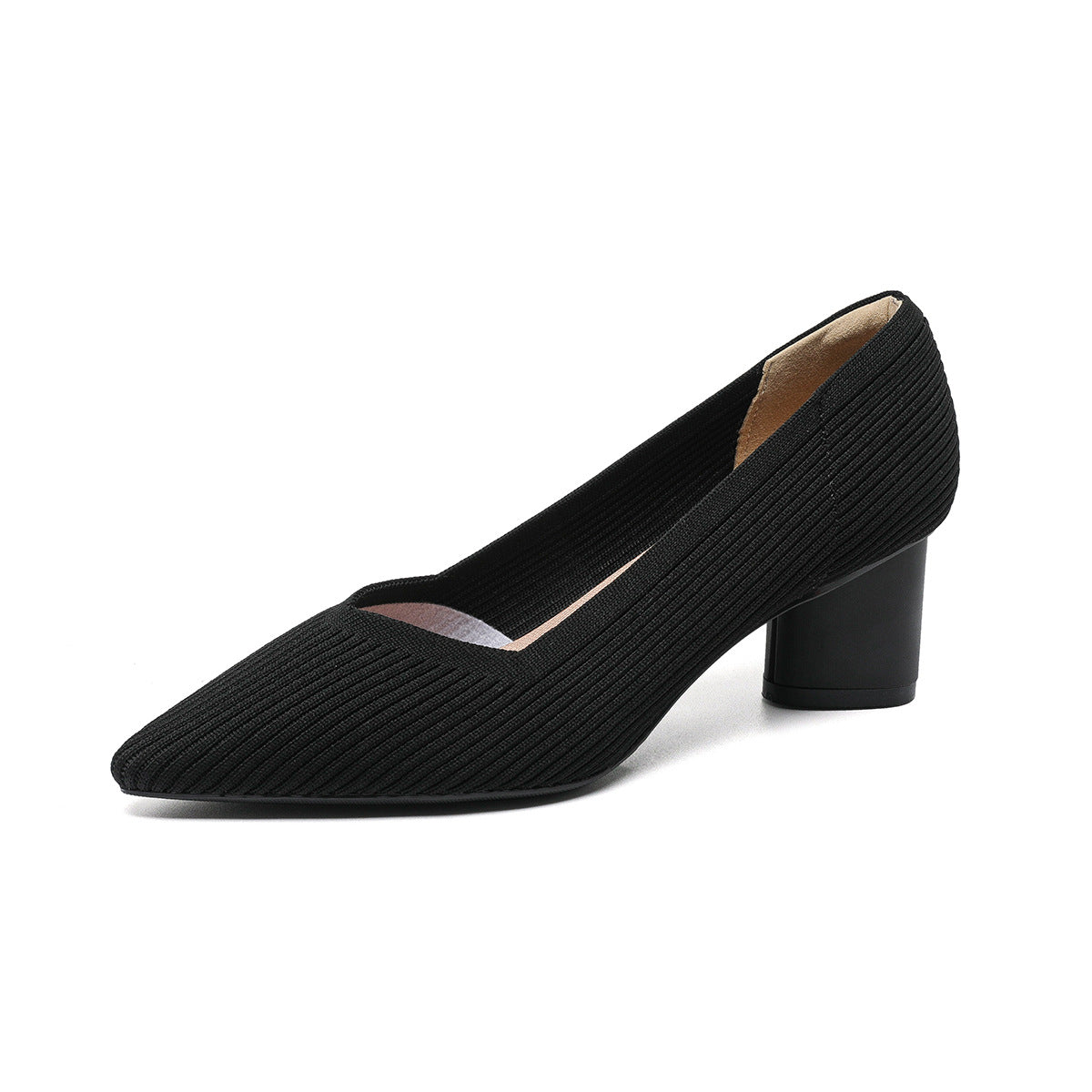 High heels for women thick heel pointed V-neck straight stripe solid color