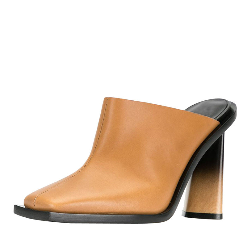 Summer Europe and The United States Catwalk High-Heeled Square Toe Toe Slippers Shaped Heel Sandals Large Size Ladies High Heels