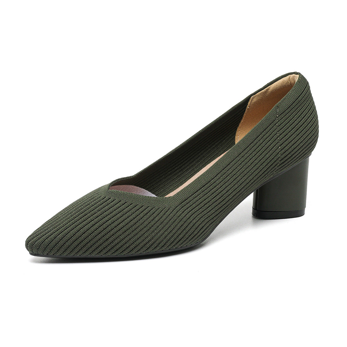 High heels for women thick heel pointed V-neck straight stripe solid color