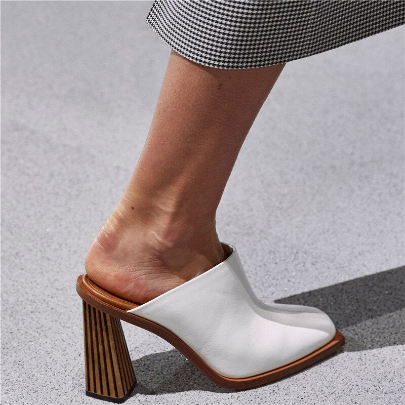 Summer Europe and The United States Catwalk High-Heeled Square Toe Toe Slippers Shaped Heel Sandals Large Size Ladies High Heels