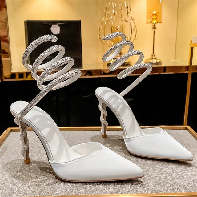 Serpentine Winding Crystal Women Pumps Summer Sandals Sexy Pointed Toe Stiletto Gladiator Dress Shoes Designer Party High Heels