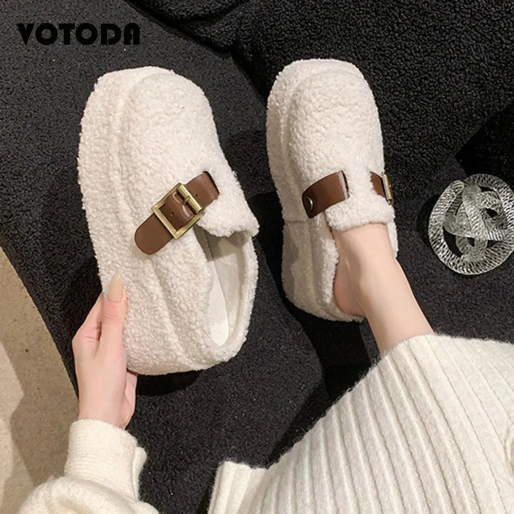 New Women Wedge Heel Lambswool Slippers Casual Thick Sole Outdoor Mules Warm Plush Women Cotton Shoes Fashion High Heels Slides