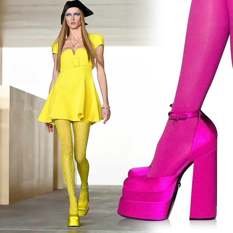 Super High Heel Platform Thick Heel Hollow Square Toe Satin Hate Sky High Baotou Plus Size Catwalk Sandals High Heels