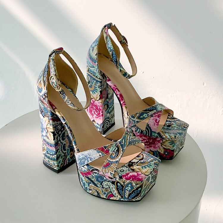 sandals women calico thick high heels summer platform shoes women sexy open-toe rome sandalias red shoes