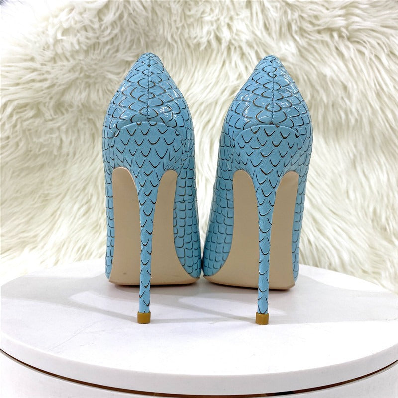 Snake skin patterned socialite high heels, pointed thin heels, soft leather, shallow cut single shoes