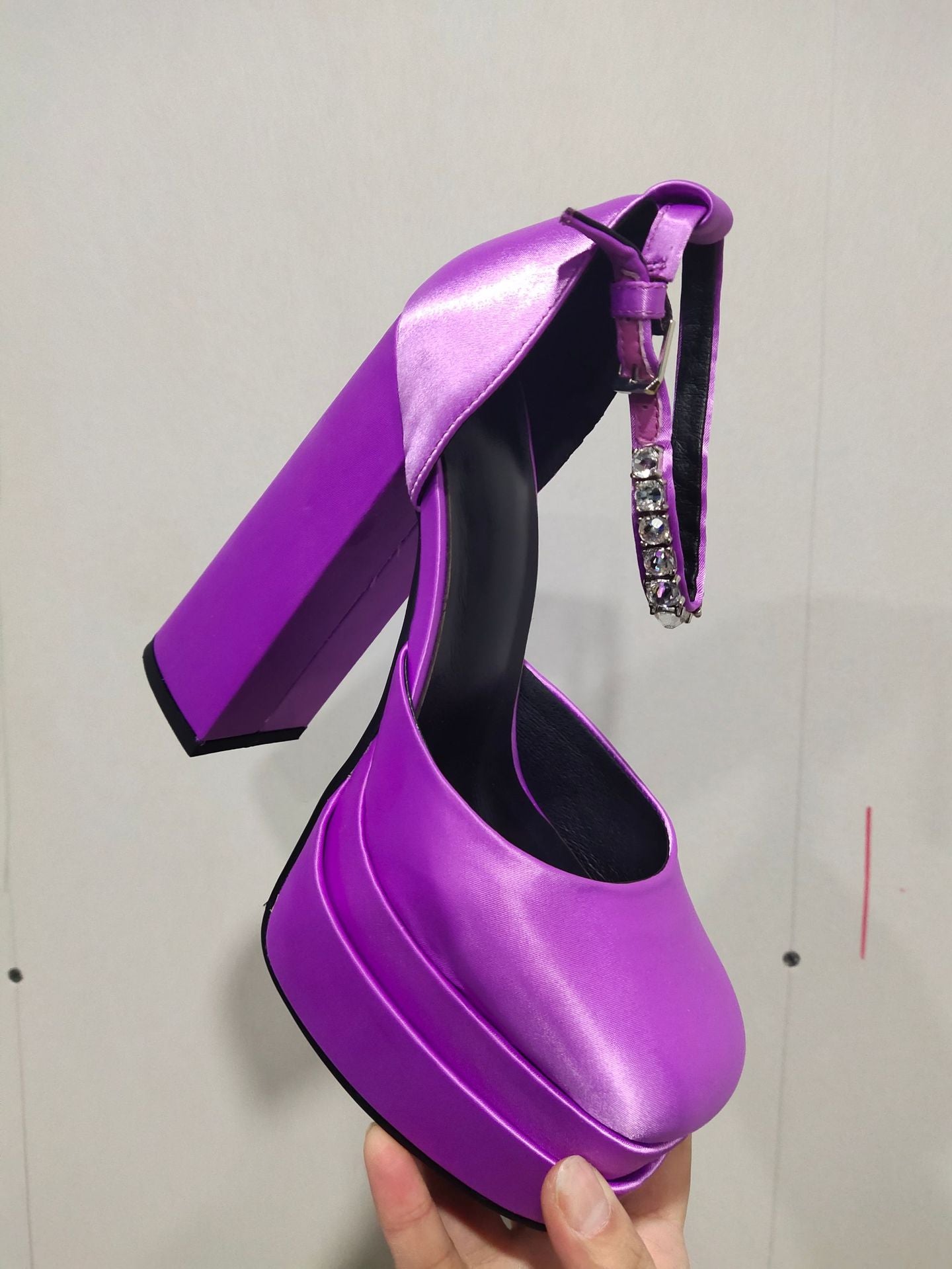 Super High Heel Platform Thick Heel Hollow Square Toe Satin Hate Sky High Baotou Plus Size Catwalk Sandals High Heels