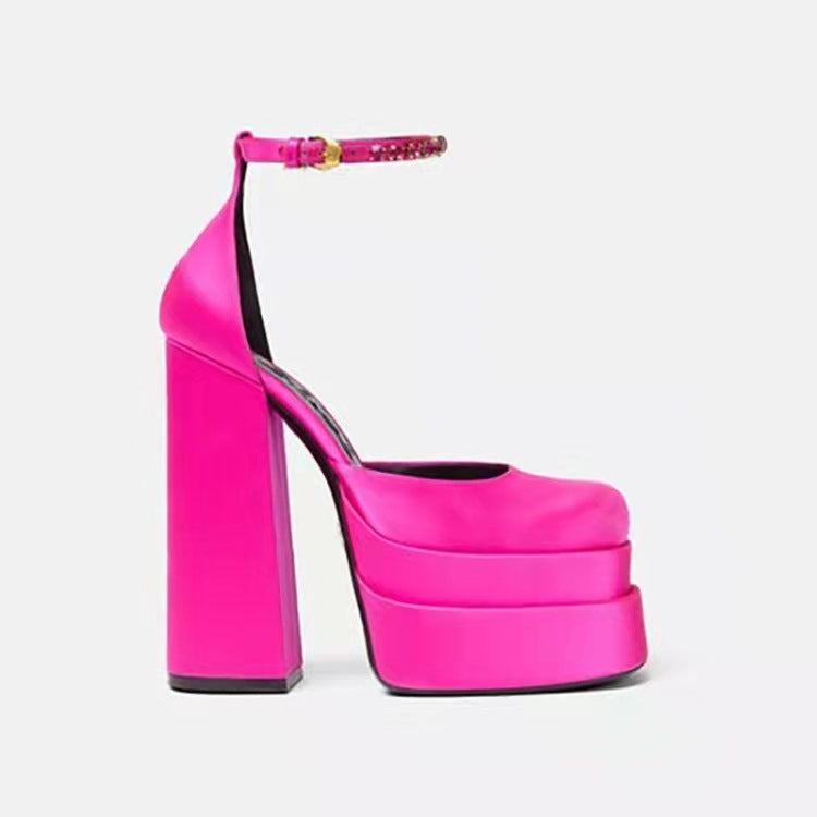 Super High Heel Platform Thick Heel Hollow Square Toe Satin Hate Sky High Baotou Plus Size Catwalk Sandals High Heels
