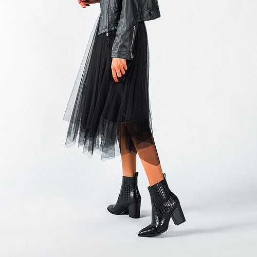 Autumn and Winter New Fashion Short Boots Thick Heels High Heels Crocodile Pattern Women's Leather Martin Boots