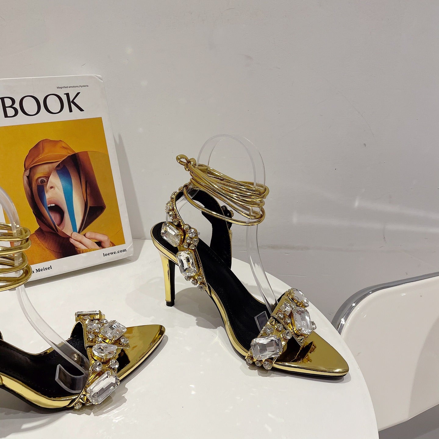 Fashionable cross strap rhinestones with exposed toes and high heels sandals