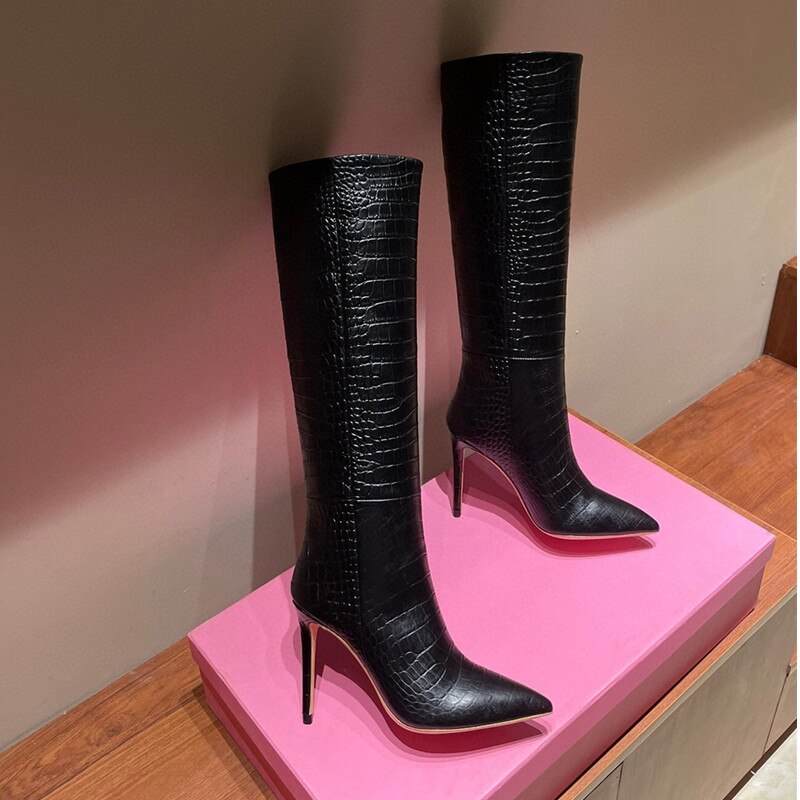 Candy Color Sexy Crocodile Leather Knee-Length High Boots Pointed Toe 10 cm High Heels Fashion Thigh Boots 35-44 Size