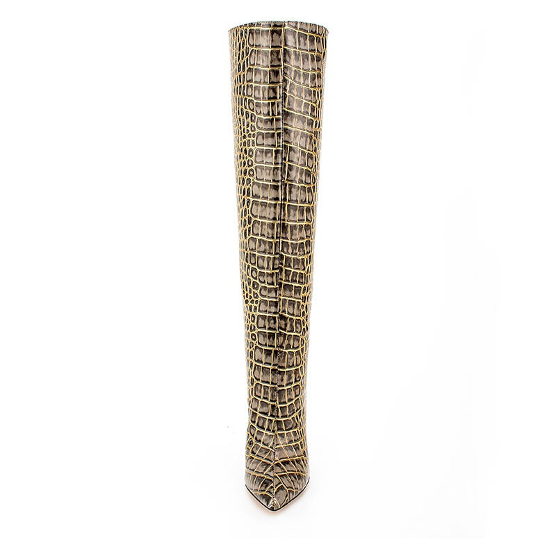 Crocodile Print Women High Boots Sexy Ladies Party Stiletto Women Large Size Shoes Pointed Toe High Heels Women High Knee Boots