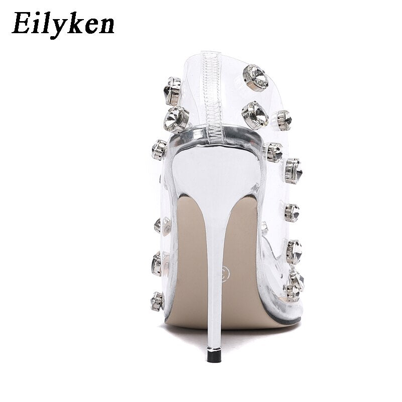 Design Rivet Crystal Pumps Wedding Women Shoes High Heels PVC Transparent Sexy Night Club Femme Shoes