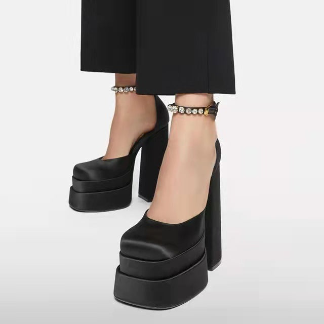 Super High Heel Platform Thick Heel Hollow Square Toe Satin Hate Sky High Baotou Plus Size Catwalk Sandals High Heels
