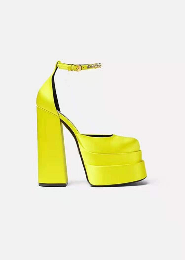 Super High Heel Platform Thick Heel Hollow Square Toe Satin Hate Sky High Baotou Plus Size Catwalk Sandals High Heels