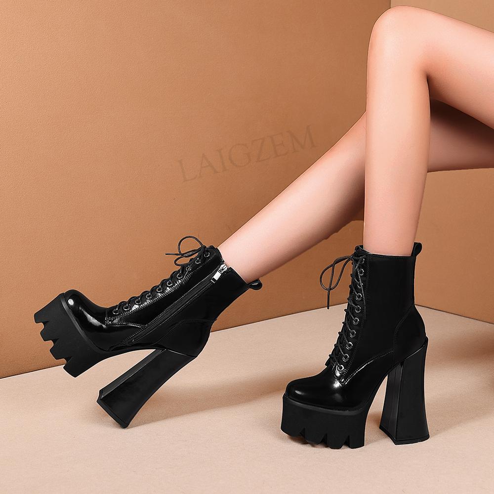 Top Women Ankle Booties Side Zip Thick Chunky High Heels Boots Height Increasing Shoes Woman Size 38 39 40