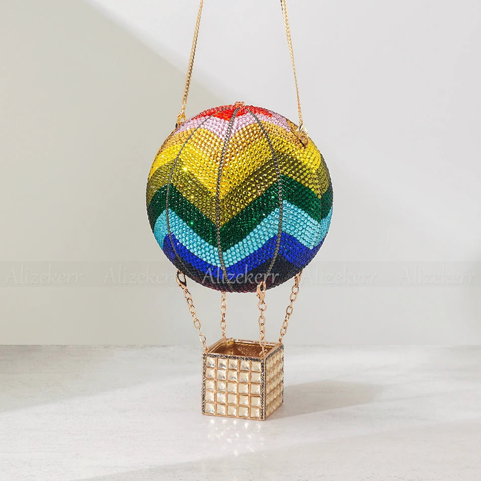 Alizekerr Hot Air Balloon Shaped Diamond Evening Bags  Women Designer Unique Circular Rhinestone Evening Purses And Handbags