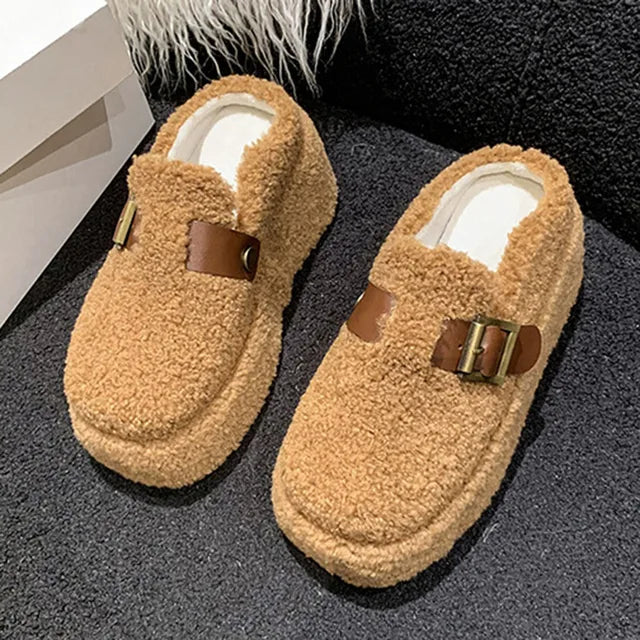 New Women Wedge Heel Lambswool Slippers Casual Thick Sole Outdoor Mules Warm Plush Women Cotton Shoes Fashion High Heels Slides