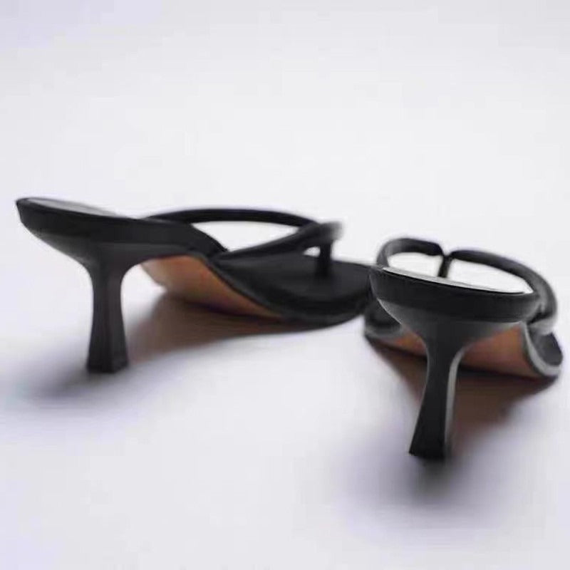 Slender high heels medium heels sandals minimalist black flip toe shoes high heels sandals for women