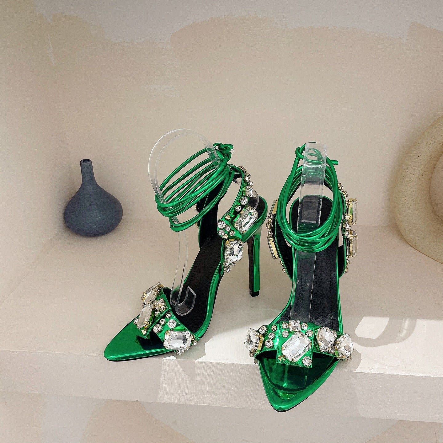 Fashionable cross strap rhinestones with exposed toes and high heels sandals