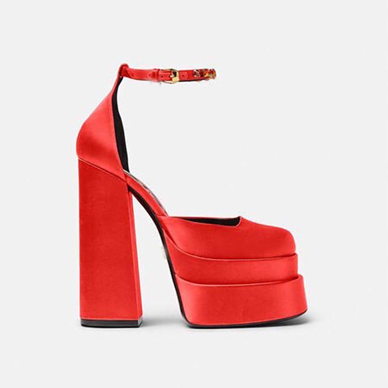 Super High Heel Platform Thick Heel Hollow Square Toe Satin Hate Sky High Baotou Plus Size Catwalk Sandals High Heels