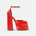 Super High Heel Platform Thick Heel Hollow Square Toe Satin Hate Sky High Baotou Plus Size Catwalk Sandals High Heels