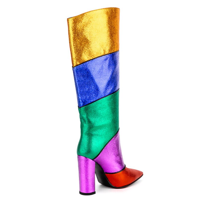 Colors Patchwork Women Rainbow Knee High Boots Big Size 44 High Chunky Heels Long Booties Custom Logo Ladies Shoes