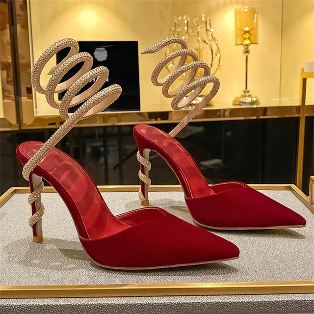 Serpentine Winding Crystal Women Pumps Summer Sandals Sexy Pointed Toe Stiletto Gladiator Dress Shoes Designer Party High Heels