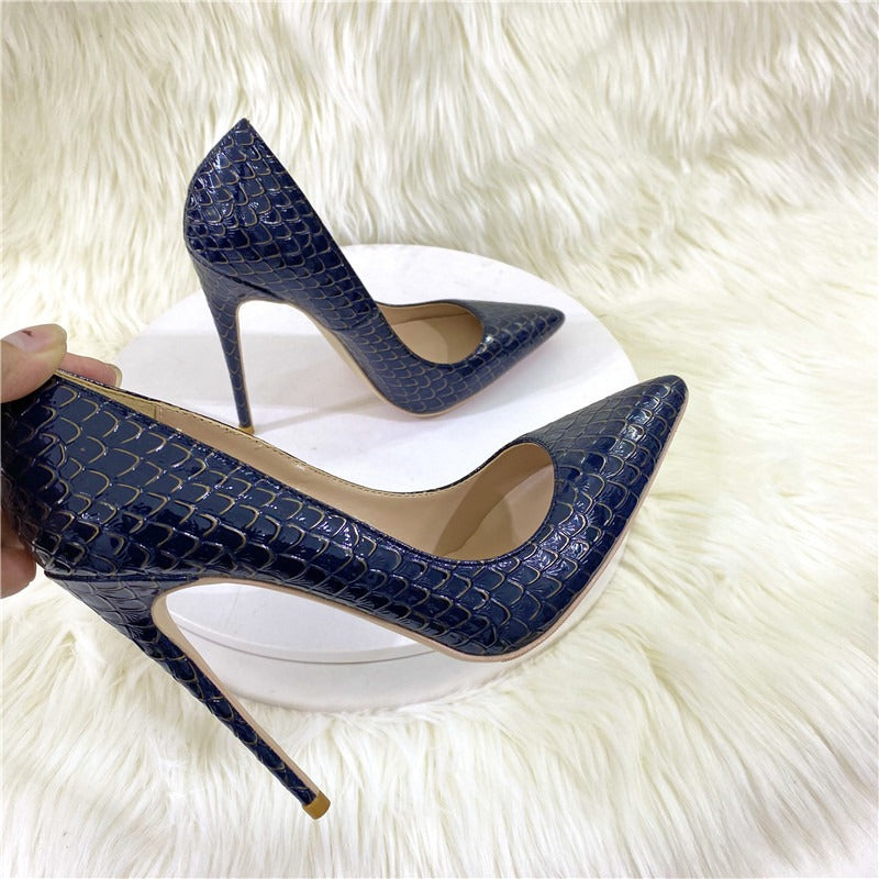 Snake skin patterned socialite high heels, pointed thin heels, soft leather, shallow cut single shoes