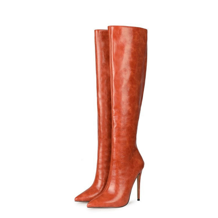 Autumn New Stiletto High Heels Round Toe Back Zipper Fashion High Boots Long Boots Large Size 45