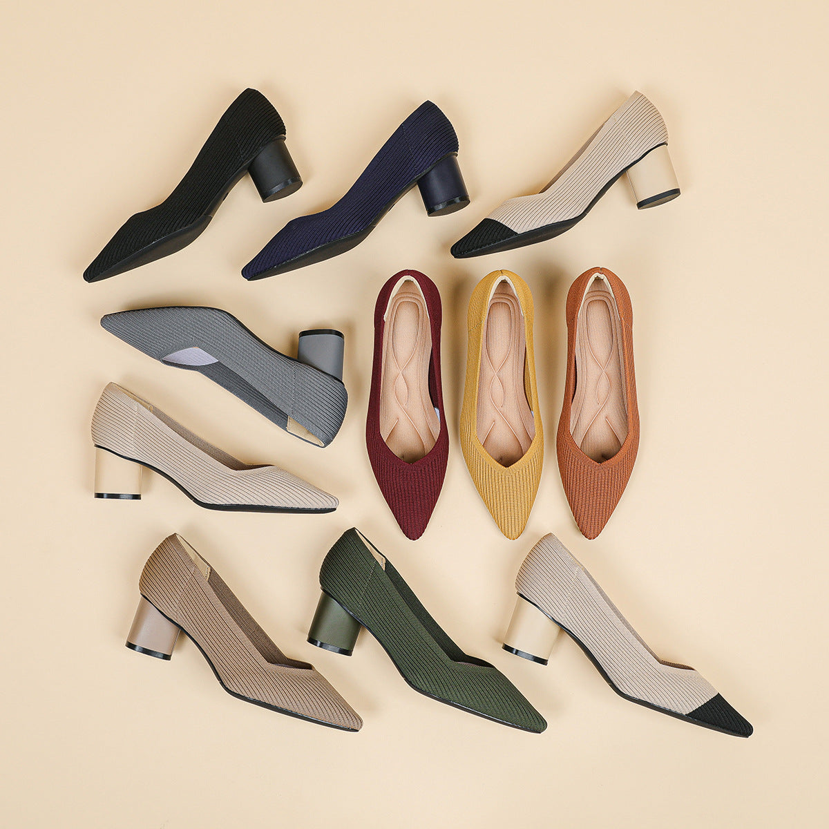 High heels for women thick heel pointed V-neck straight stripe solid color