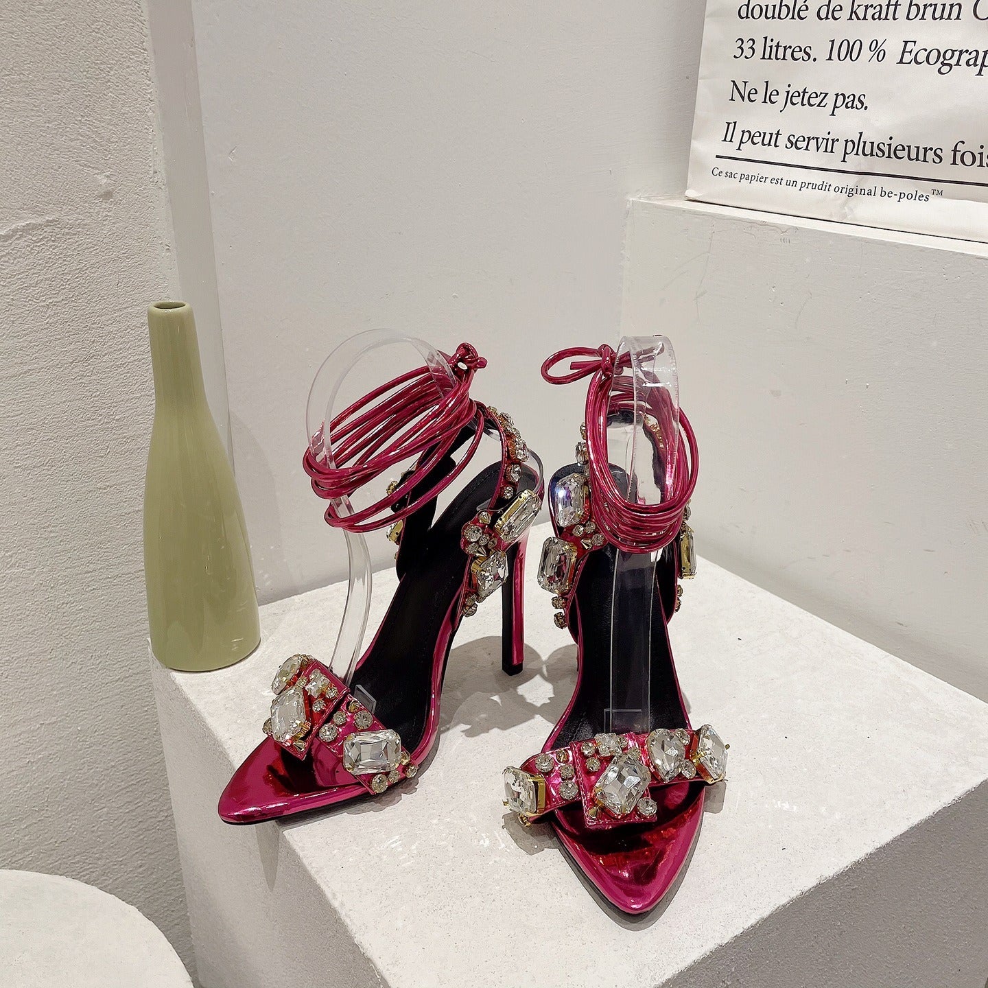 Fashionable cross strap rhinestones with exposed toes and high heels sandals
