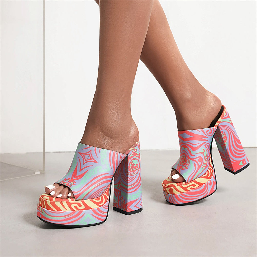 Mixed Color Platform Mule Sandals For Women Slip On Chunky Heel Super High Heels Brand New High Quality Shoes