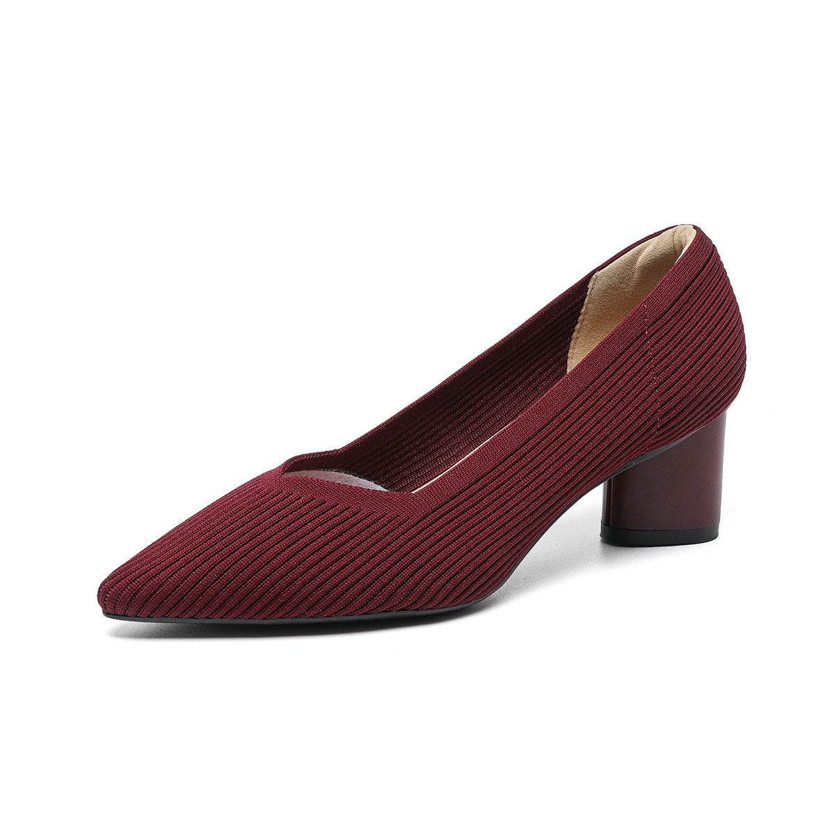 High heels for women thick heel pointed V-neck straight stripe solid color