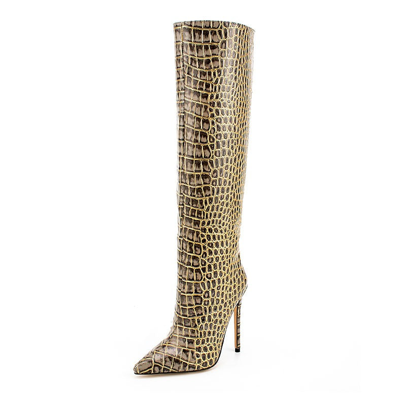 Crocodile Print Women High Boots Sexy Ladies Party Stiletto Women Large Size Shoes Pointed Toe High Heels Women High Knee Boots