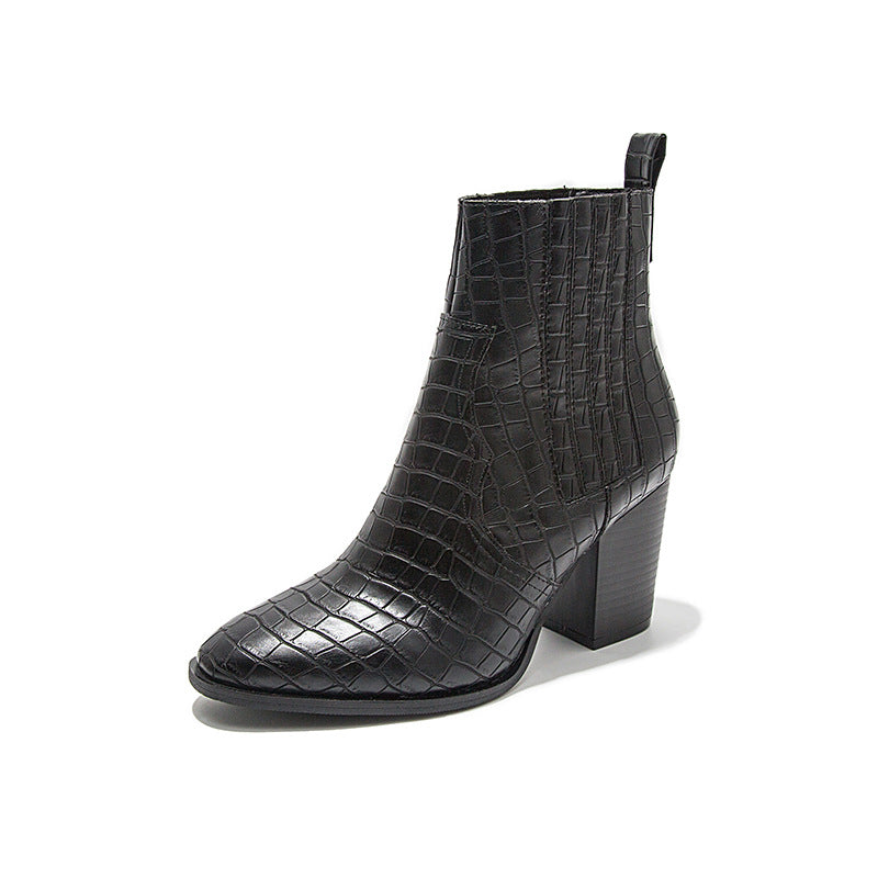 Autumn and Winter New Fashion Short Boots Thick Heels High Heels Crocodile Pattern Women's Leather Martin Boots