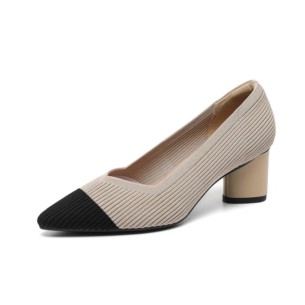 High heels for women thick heel pointed V-neck straight stripe solid color
