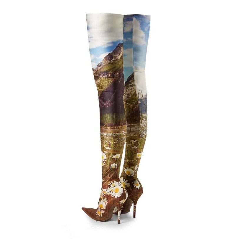 Arden Furtado Spring Autumn Women Over The Knee Boots Print Pointed Toe Stilettos High Heels 10cm Fashion women's Boots Size 48