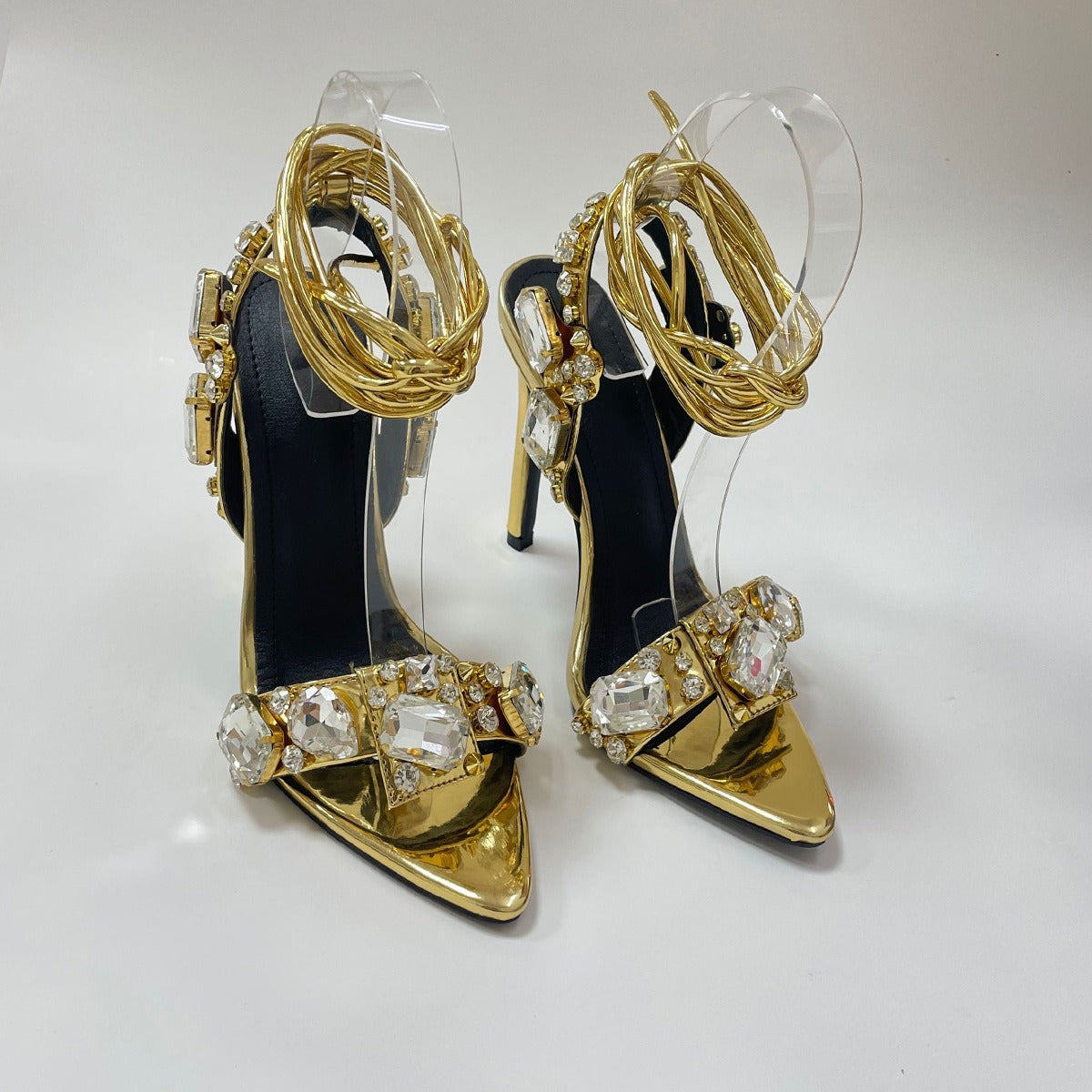 Fashionable cross strap rhinestones with exposed toes and high heels sandals
