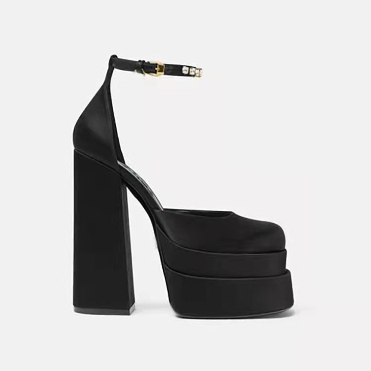 Super High Heel Platform Thick Heel Hollow Square Toe Satin Hate Sky High Baotou Plus Size Catwalk Sandals High Heels