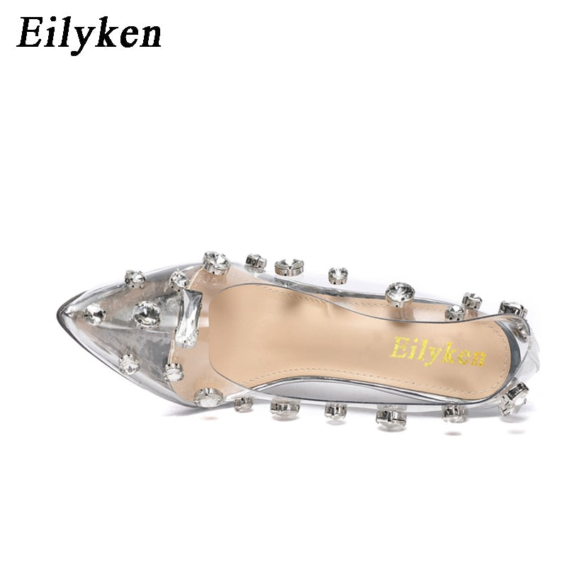 Design Rivet Crystal Pumps Wedding Women Shoes High Heels PVC Transparent Sexy Night Club Femme Shoes