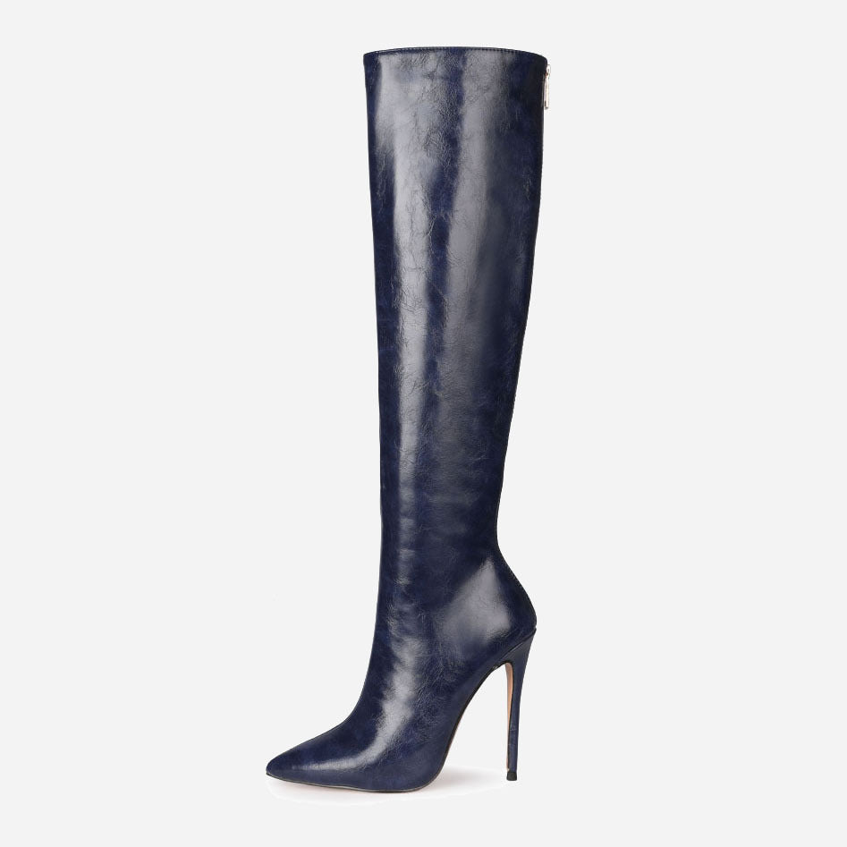 Autumn New Stiletto High Heels Round Toe Back Zipper Fashion High Boots Long Boots Large Size 45
