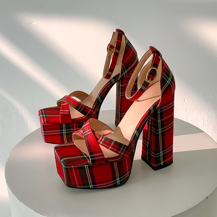 sandals women calico thick high heels summer platform shoes women sexy open-toe rome sandalias red shoes