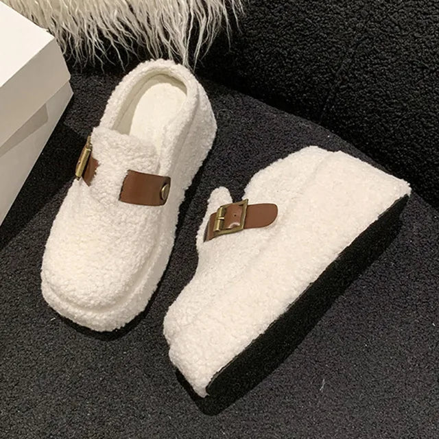 New Women Wedge Heel Lambswool Slippers Casual Thick Sole Outdoor Mules Warm Plush Women Cotton Shoes Fashion High Heels Slides