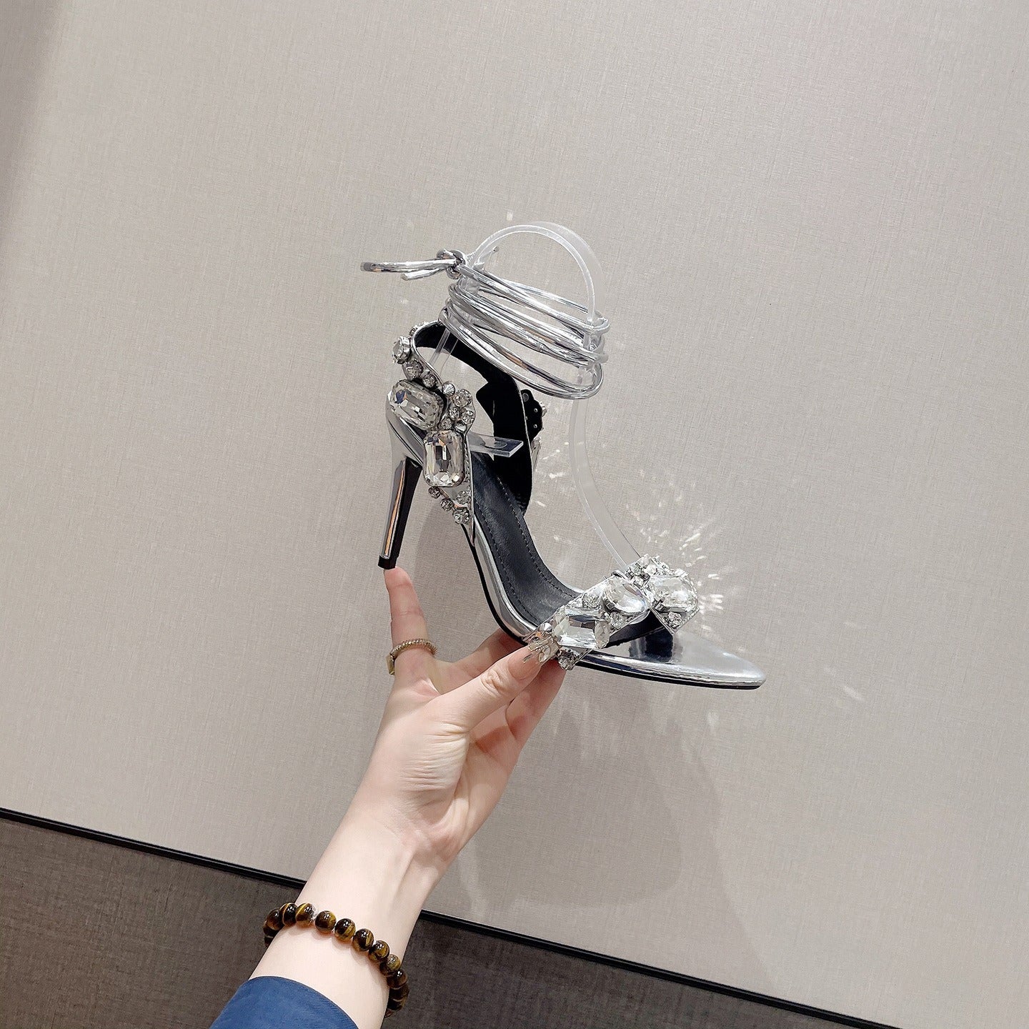 Fashionable cross strap rhinestones with exposed toes and high heels sandals