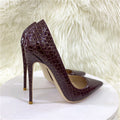 Snake skin patterned socialite high heels, pointed thin heels, soft leather, shallow cut single shoes