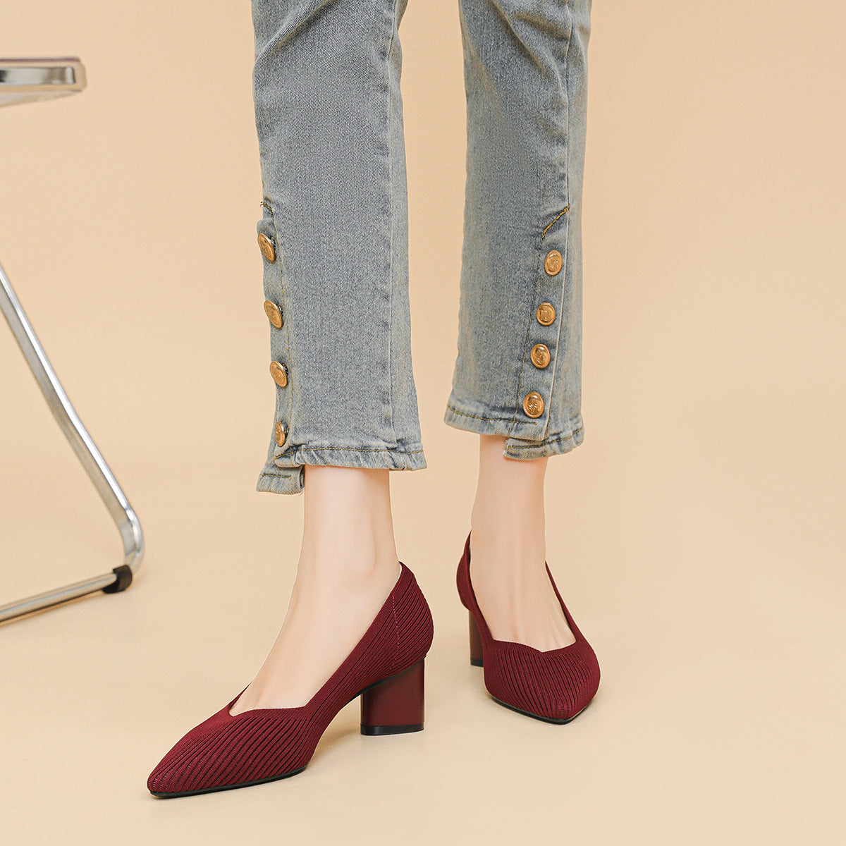 High heels for women thick heel pointed V-neck straight stripe solid color