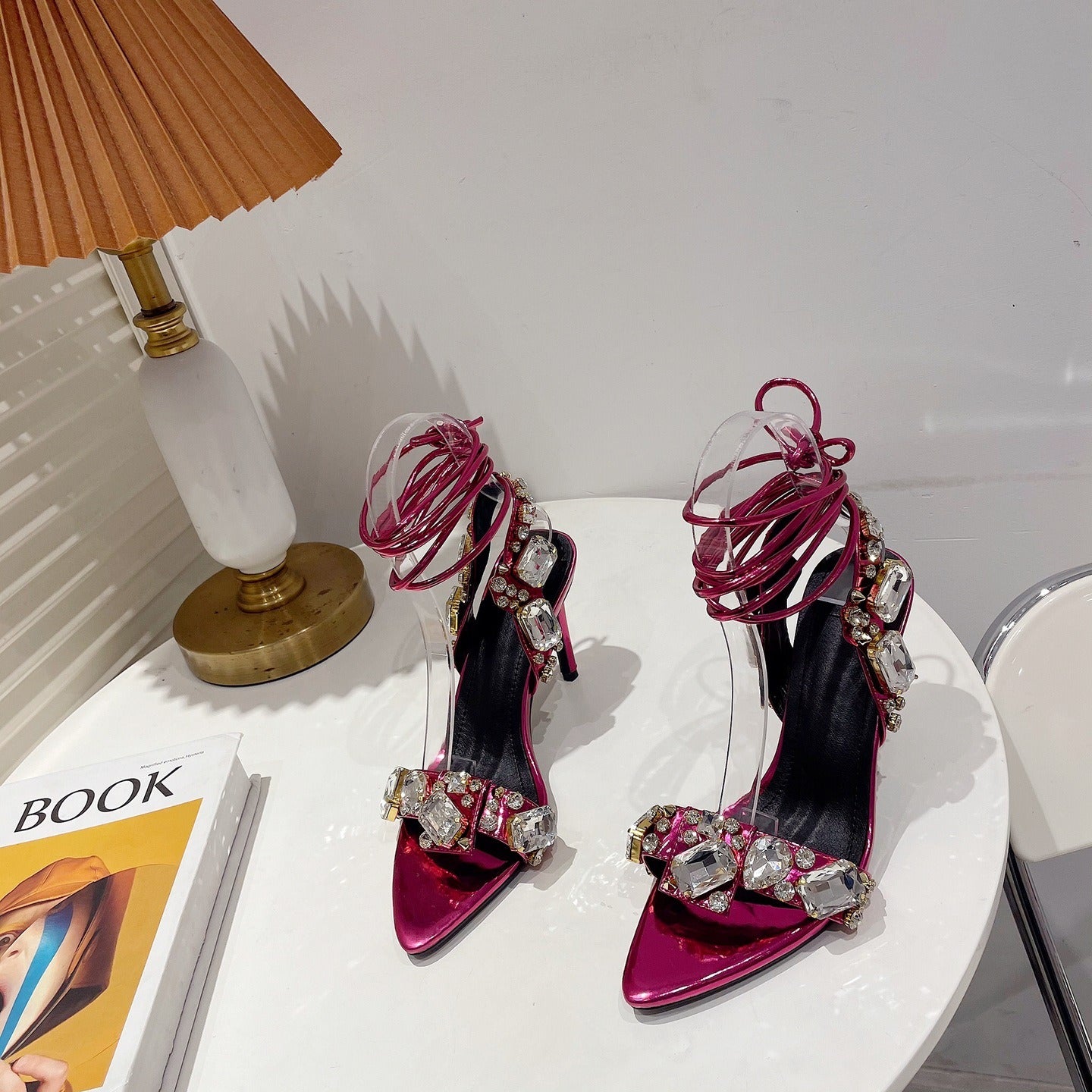 Fashionable cross strap rhinestones with exposed toes and high heels sandals